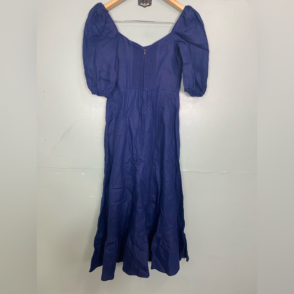 Reformation Belgium Blue Linen Midi Dress Slit Puff Sleeve Size 0 - Picture 3 of 6